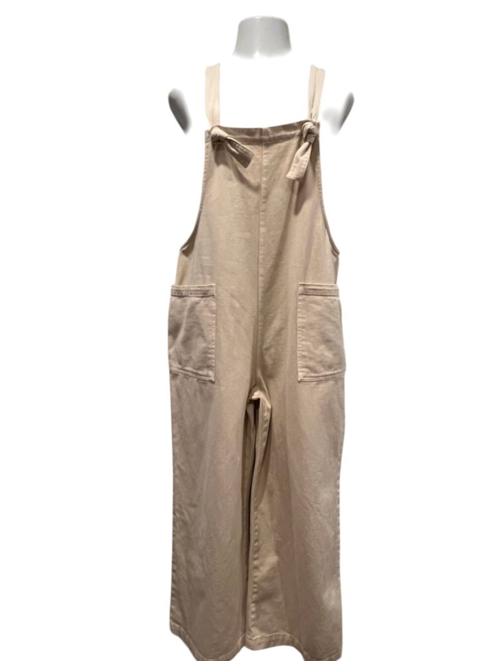 Fray Knot Strap Cropped Bib Overalls, Oatmeal, M